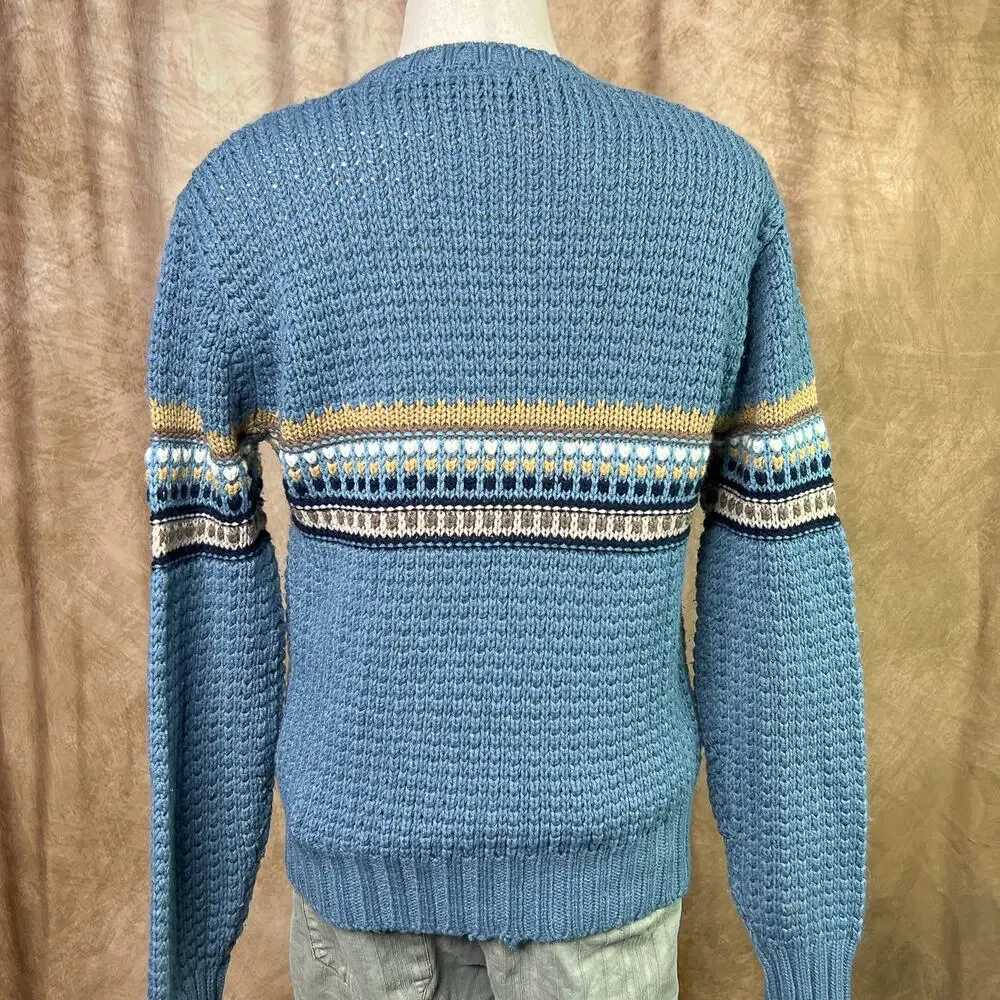 Vintage Striped Sweater 80s Knit V Neck Long Sleeve Blue Retro Fall Academia